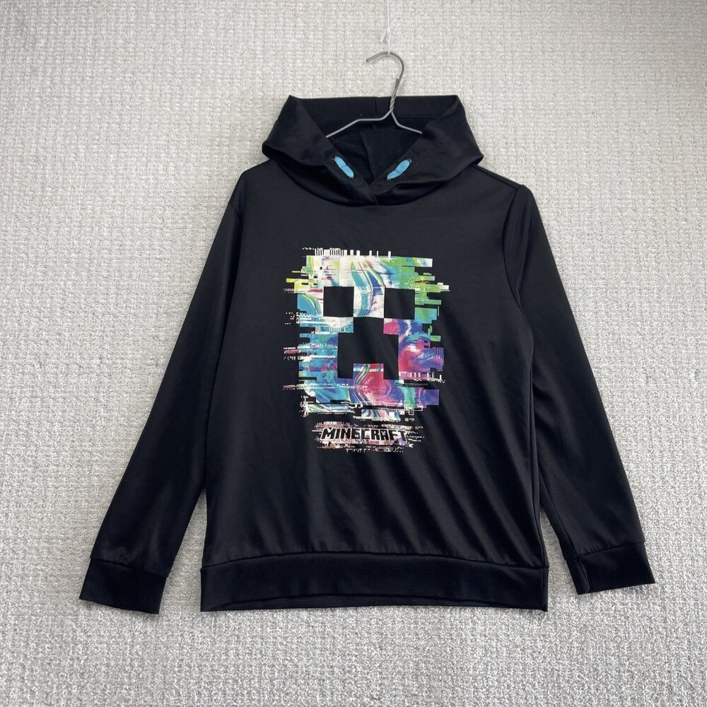 Minecraft Glitchy Creeper Graphic Hoodie Youth L Black Pullover Fleece Gaming